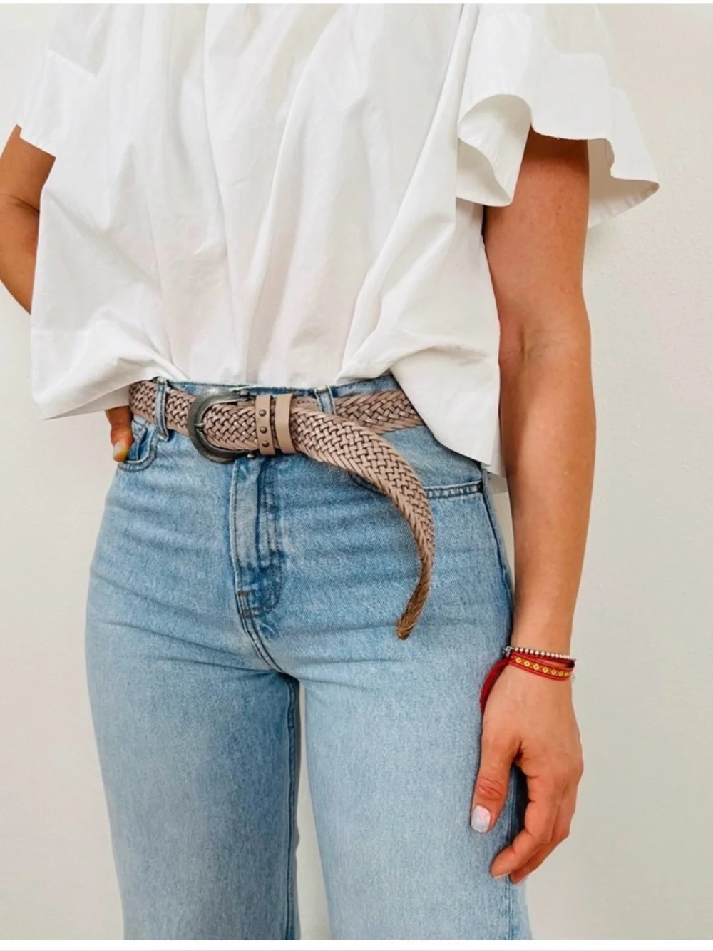 Free People We The Free Brix Belt Medium Large Oyster Braided Leather Western